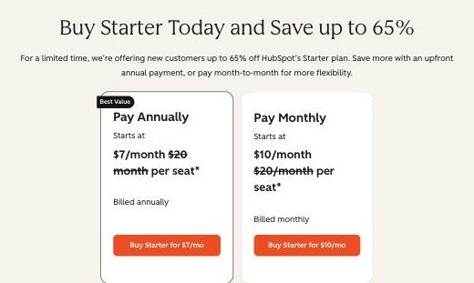 HubSpot Starter offer showing the annual and monthly per-seat prices next to the regular price