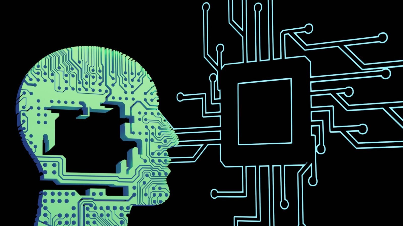 Illustration of a human head in profile overlaid with a circuit board